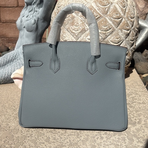 Light Blue Leather Handbag Satchel Gold Tone Hardware Double Handles NEW - Picture 7 of 13